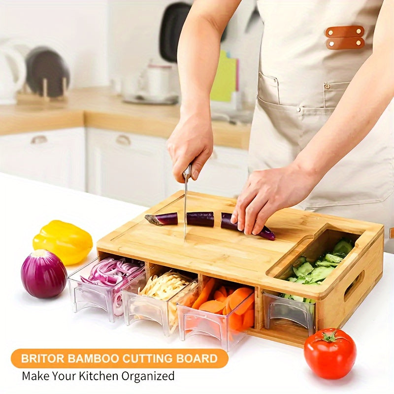 Bamboo Chopping Board with Slide-Out Prep Trays & 4-Piece Grater Set – All-in-One Food Prep Station for Home Kitchens | Thomler