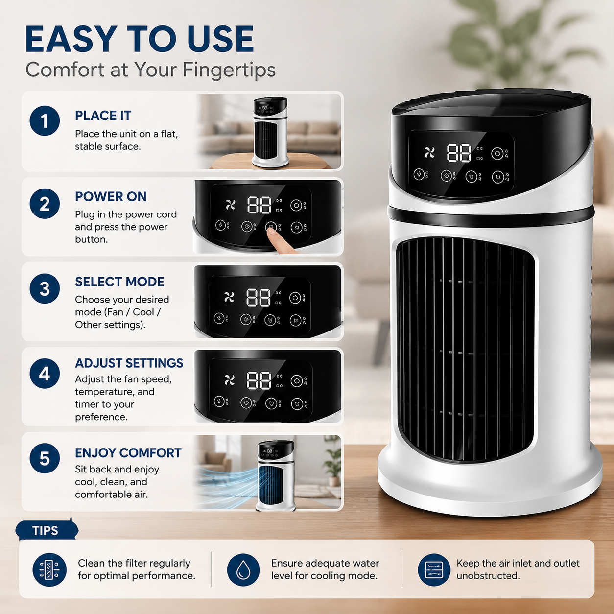 Compact Personal Cooler – Windowless Evaporative Air Cooler for Bedroom, Office & Small Spaces – Portable Desktop Cooling Unit for Home & | Thomler