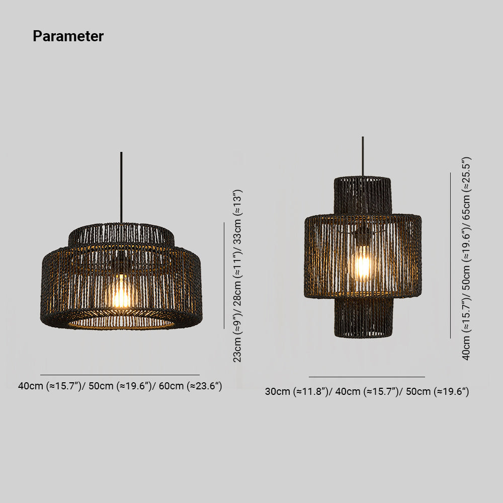 Woven Rattan Drum Ceiling Fixture – Hardwired Downlight for Dining Room & Living Room – Black Metal Farmhouse Hanging Light | Thomler