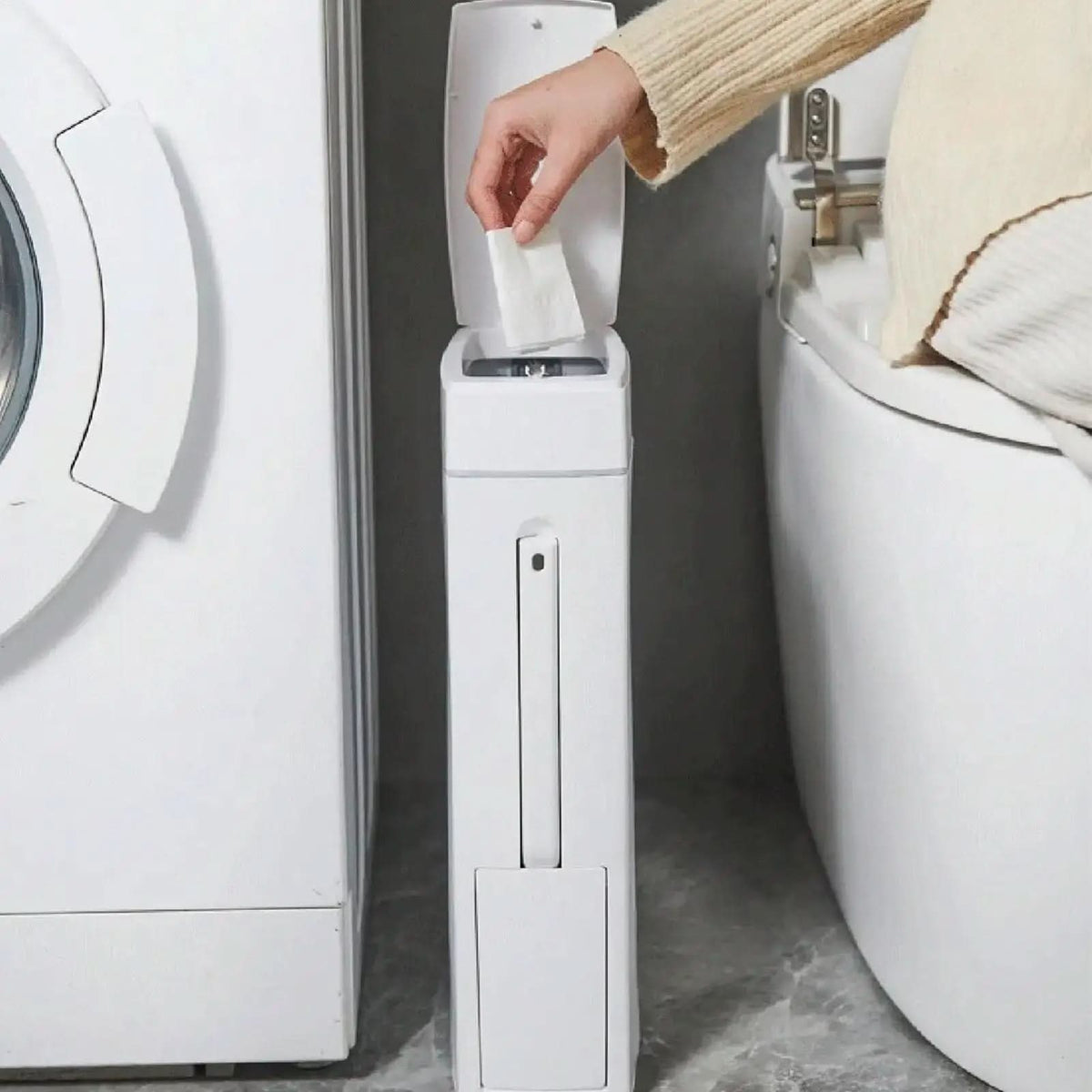 Dual-Function Bathroom Organizer – Narrow Waste Bin & Concealed Scrubber Holder | Thomler