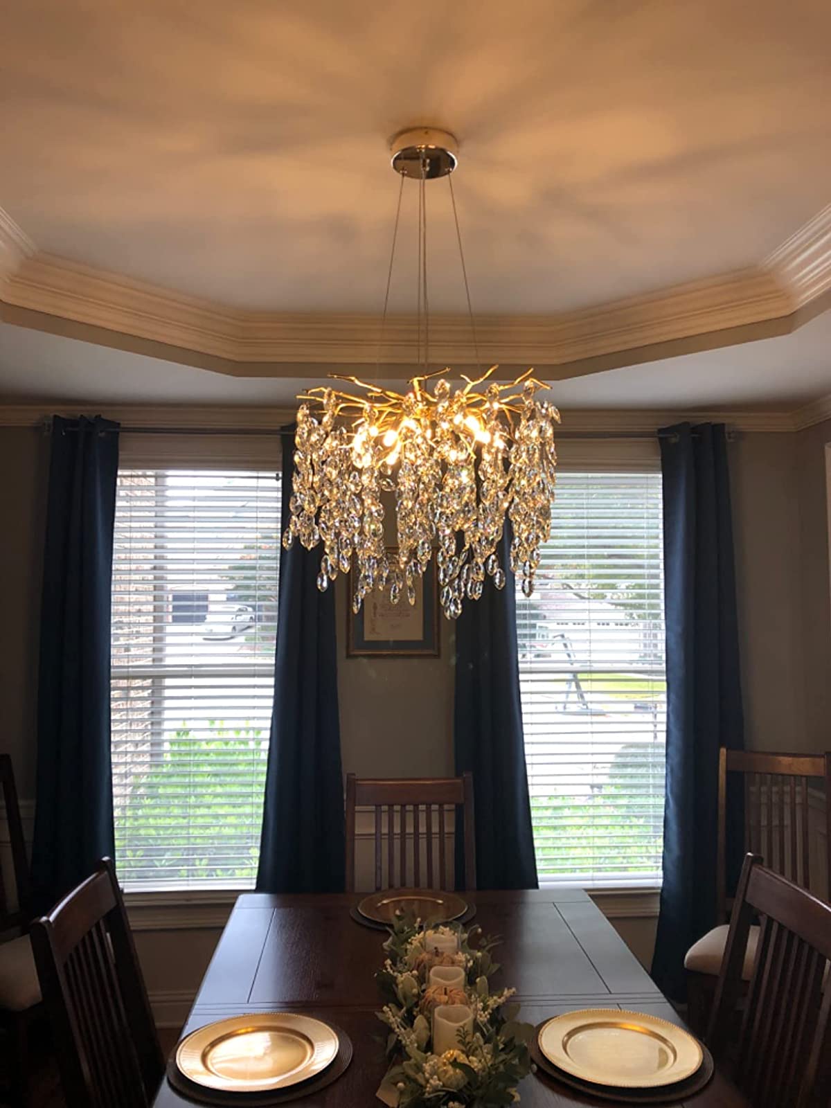 Crystal Branch Chandelier with LED Lights for Dining Room & Living Space | Modern Hanging Fixture | Adjustable Chain | Round or Rectangular | Thomler