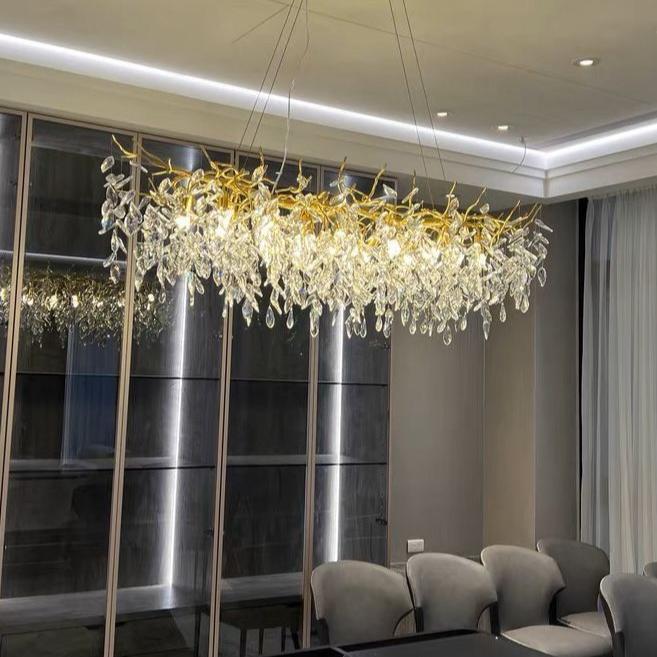 Crystal Branch Chandelier with LED Lights for Dining Room & Living Space | Modern Hanging Fixture | Adjustable Chain | Round or Rectangular | Thomler