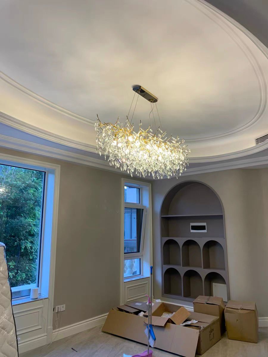 Crystal Branch Chandelier with LED Lights for Dining Room & Living Space | Modern Hanging Fixture | Adjustable Chain | Round or Rectangular | Thomler