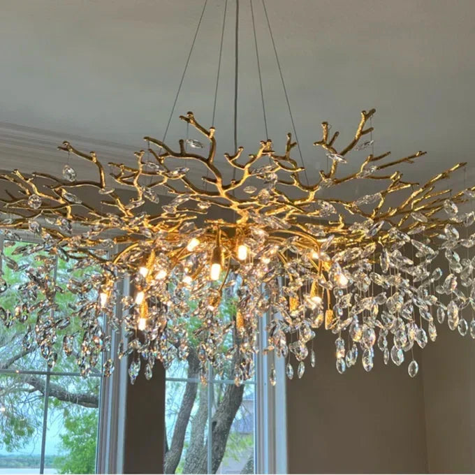 Crystal Branch Chandelier with LED Lights for Dining Room & Living Space | Modern Hanging Fixture | Adjustable Chain | Round or Rectangular | Thomler