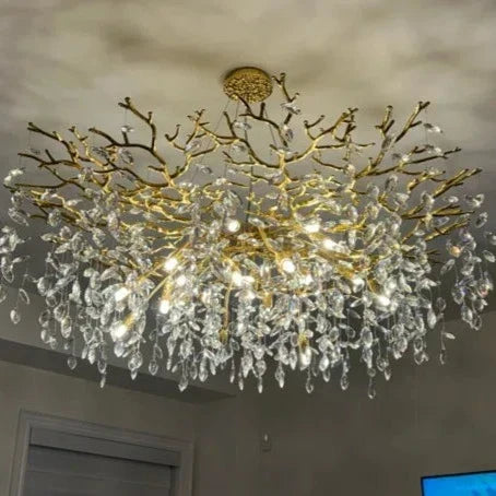 Crystal Branch Chandelier with LED Lights for Dining Room & Living Space | Modern Hanging Fixture | Adjustable Chain | Round or Rectangular | Thomler