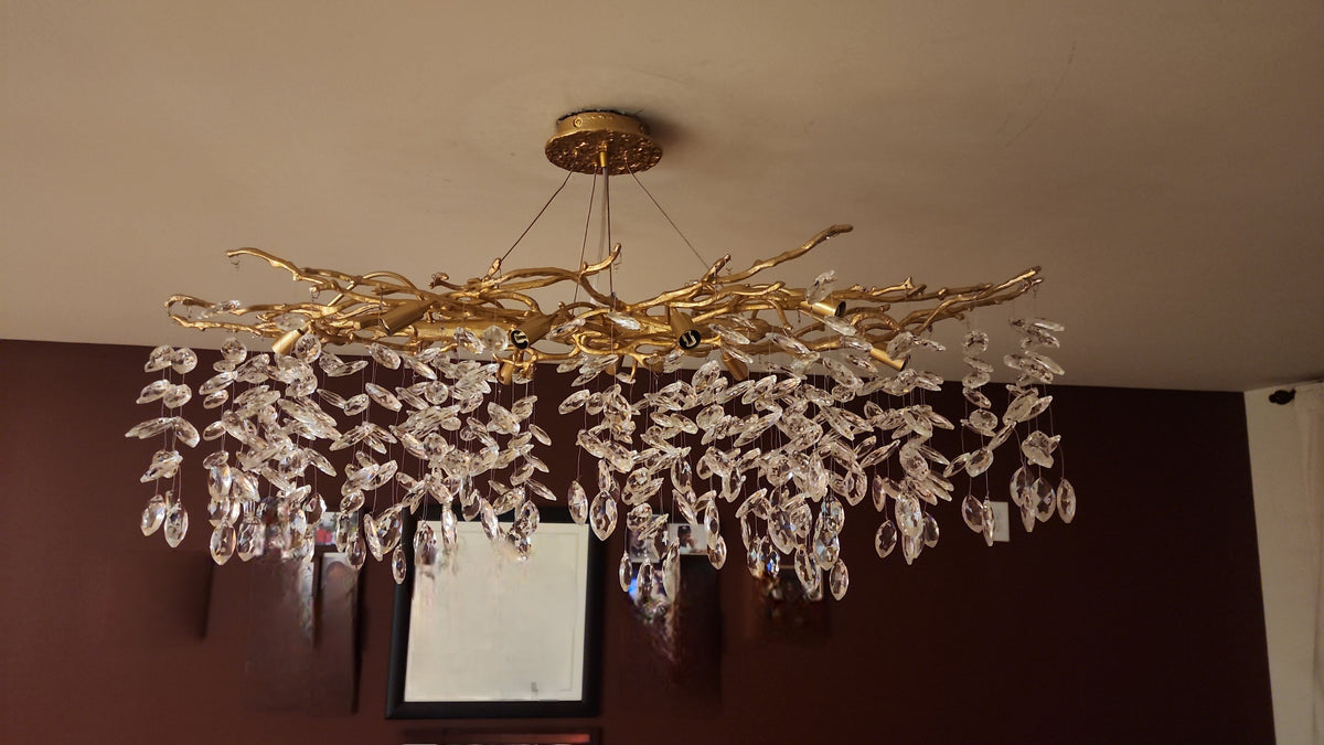 Crystal Branch Chandelier with LED Lights for Dining Room & Living Space | Modern Hanging Fixture | Adjustable Chain | Round or Rectangular | Thomler