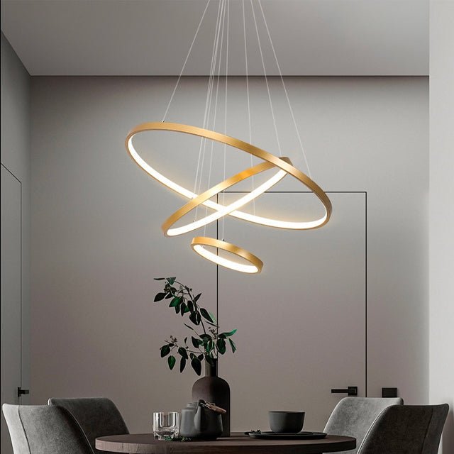 Triple-Ring LED Chandelier – Adjustable Dimmable Modern Ceiling Light – Black, Gold, White – 24x16x8 Inch Rings – Contemporary Hanging | Thomler