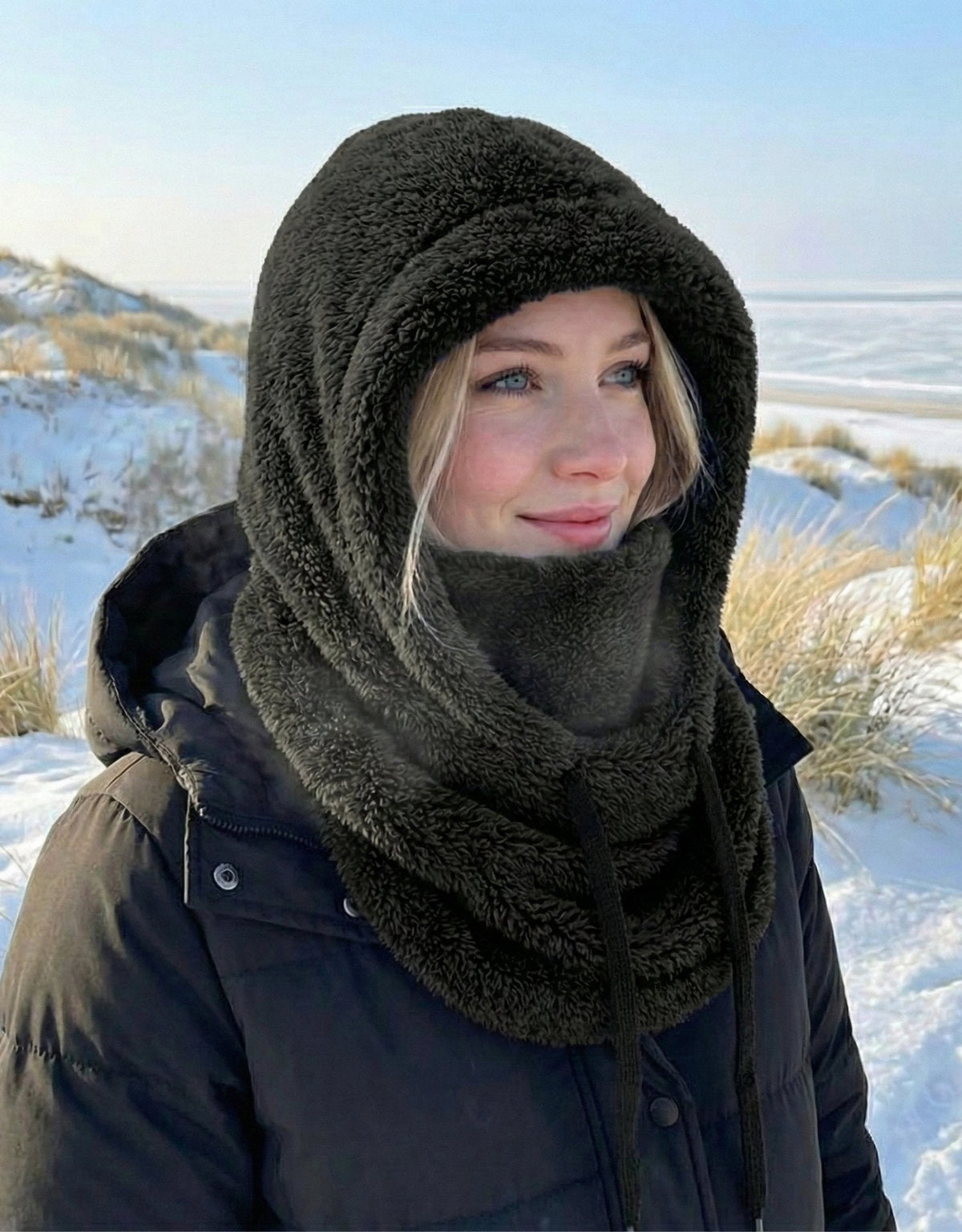 Women's Hooded Scarf Hat with Built-In Neck Warmer for Winter – Soft Knit One-Piece Cold Weather Hood | Thomler