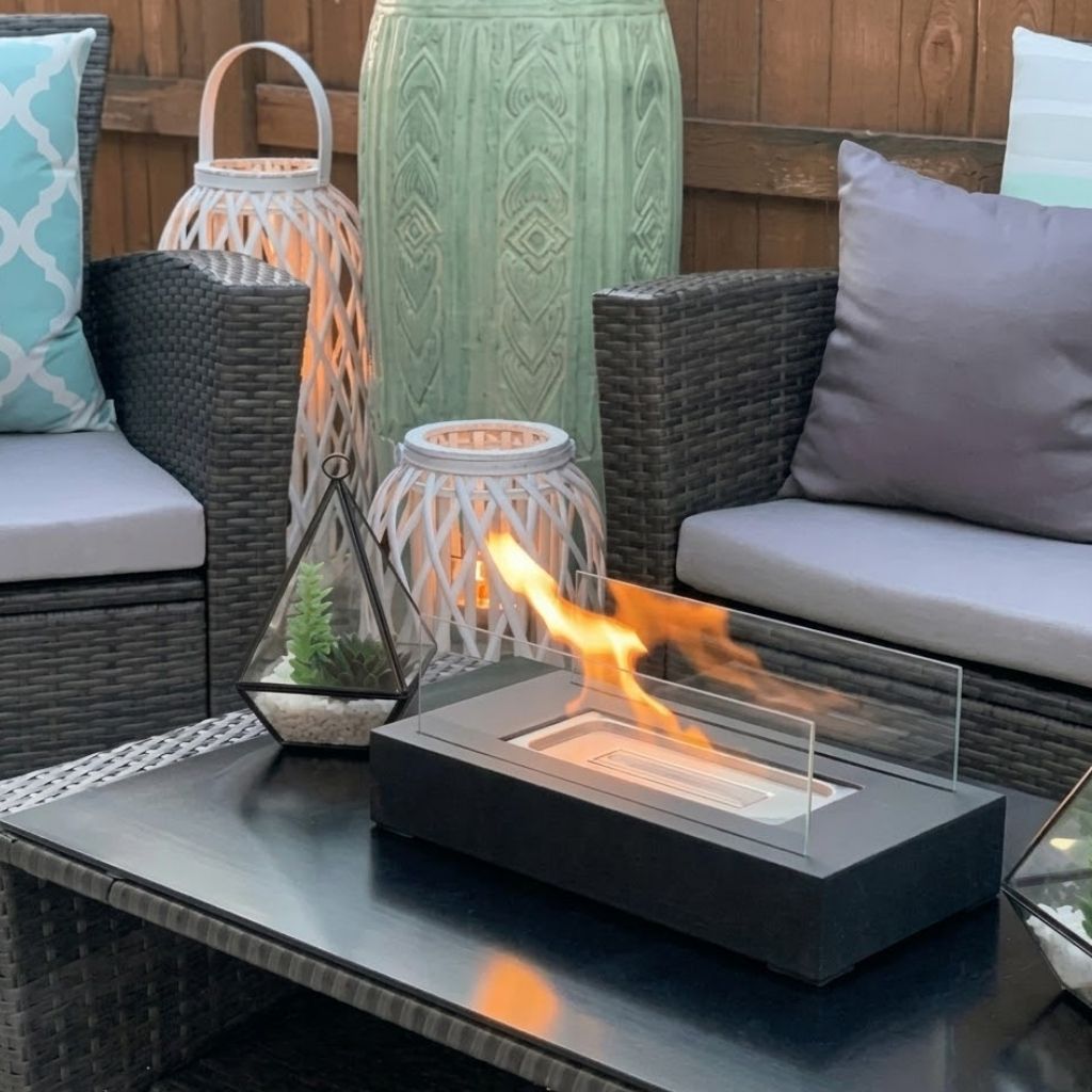 Portable Tabletop Fireplace Real Flame Bio Ethanol Burner for Indoor Outdoor Patio Living Room Rectangle Glass Steel Fire Pit Centerpiece | Thomler