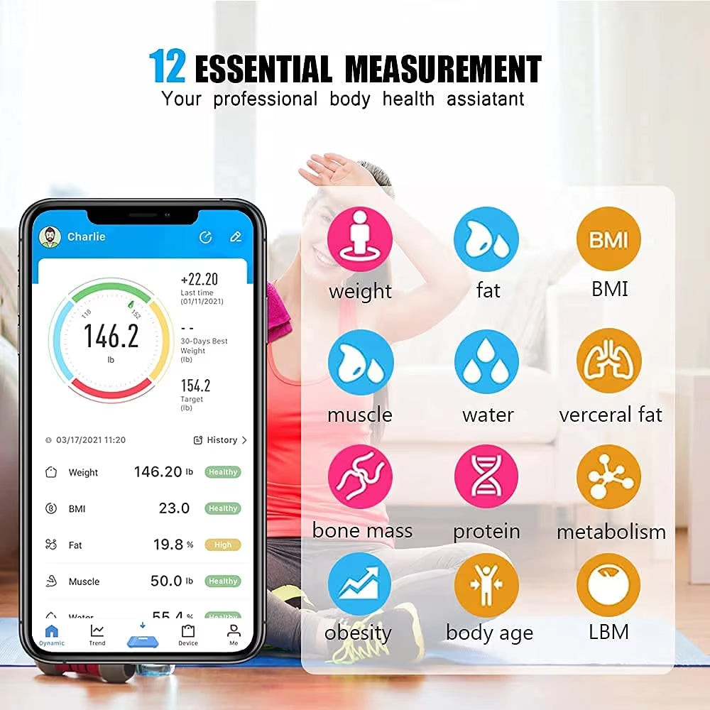 Smart Body Composition Scale Bluetooth Health Tracker 13+ Metrics Weight BMI Fat Muscle Mass Monitor Temperature Sensor App Sync Family | Thomler