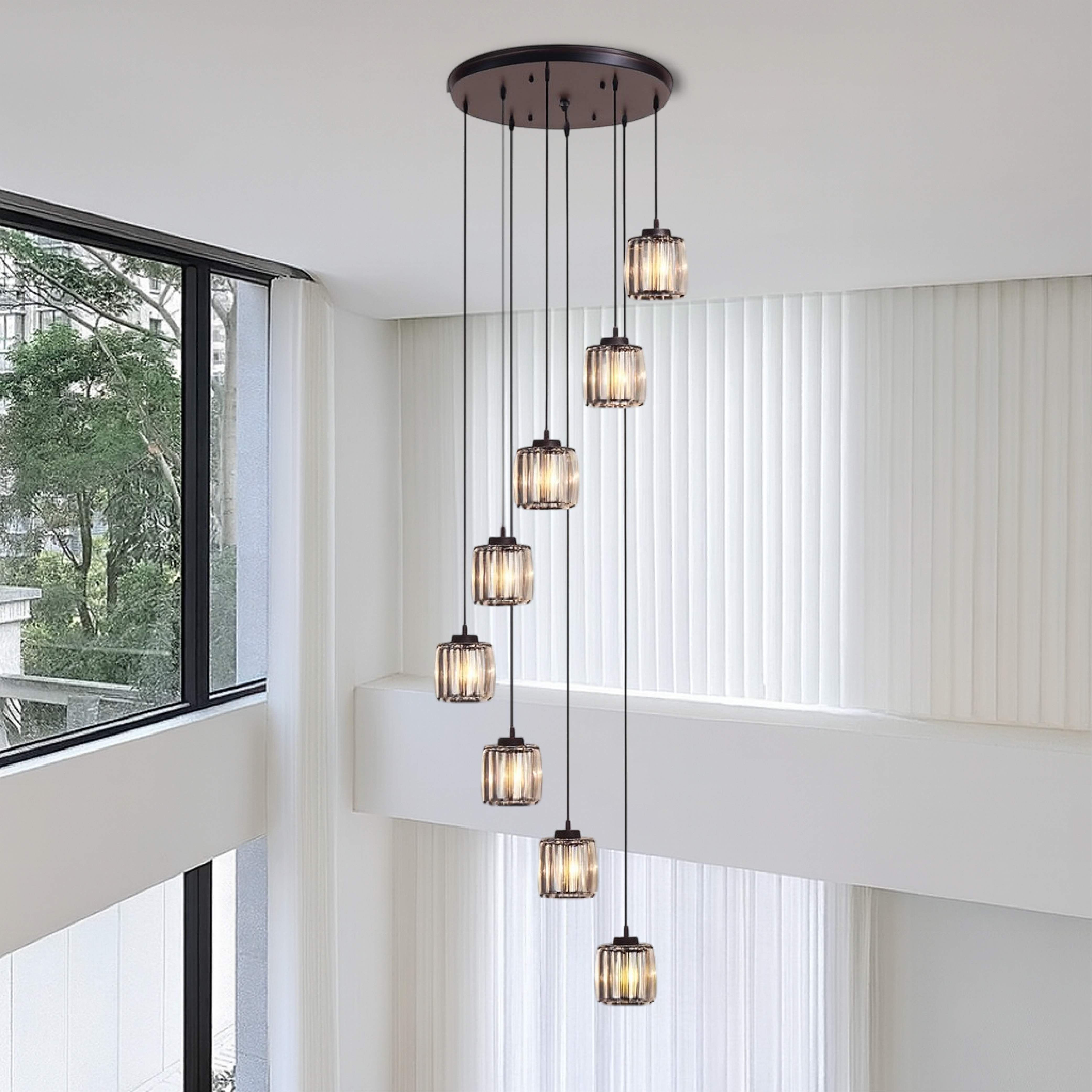 Pendant Light Glass Metal 13.0 cm x 15.0 cm Adjustable Black Staircase Foyer Hanging Chandelier 5-8 Tier Luxury Stair Lighting | Thomler