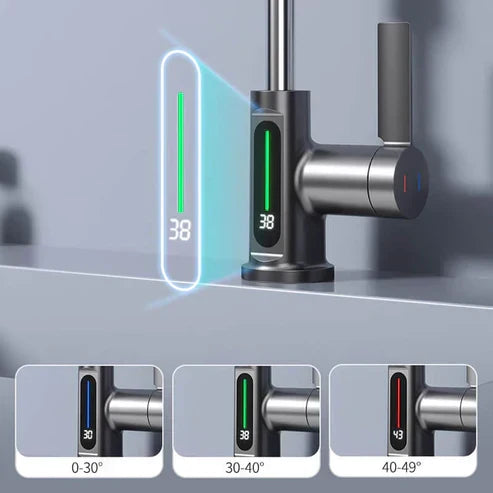 Kitchen Sink Faucet with Pull-Down Sprayer & LED Temperature Display – 360° Swivel, 5 Spray Settings, Brushed Nickel Finish for Modern Homes | Thomler
