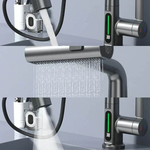 Kitchen Sink Faucet with Pull-Down Sprayer & LED Temperature Display – 360° Swivel, 5 Spray Settings, Brushed Nickel Finish for Modern Homes | Thomler
