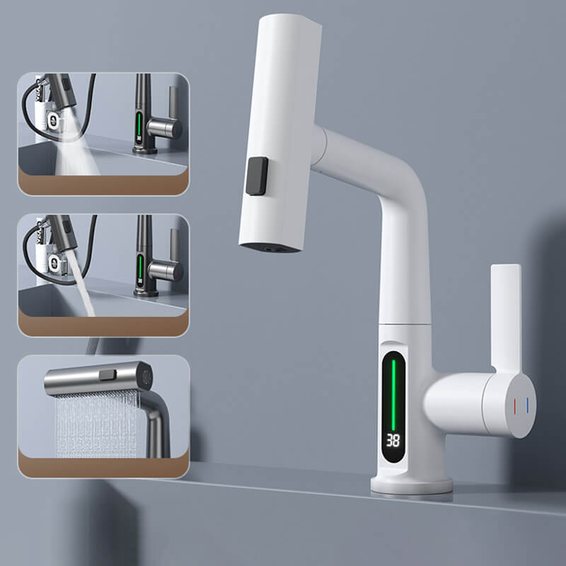 Kitchen Sink Faucet with Pull-Down Sprayer & LED Temperature Display – 360° Swivel, 5 Spray Settings, Brushed Nickel Finish for Modern Homes | Thomler