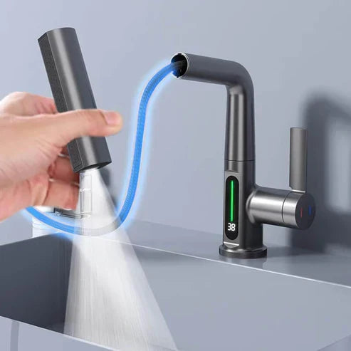 Kitchen Sink Faucet with Pull-Down Sprayer & LED Temperature Display – 360° Swivel, 5 Spray Settings, Brushed Nickel Finish for Modern Homes | Thomler