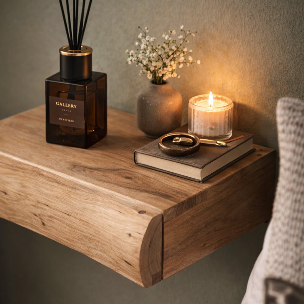 Wall-Mounted Acacia Wood Nightstand Set – Floating Bedside Shelf Pair for Minimalist Bedrooms, Compact Guest Rooms & Modern Home Decor | Thomler