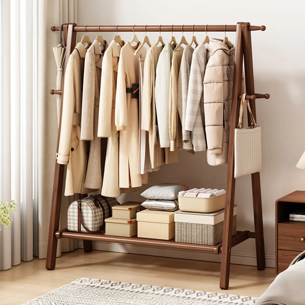 Coat Rack Beech Wood 150.0 cm Natural Hallway Bedroom Storage Stand Foldable A Frame Garment Organiser With Shelf Hooks | Thomler
