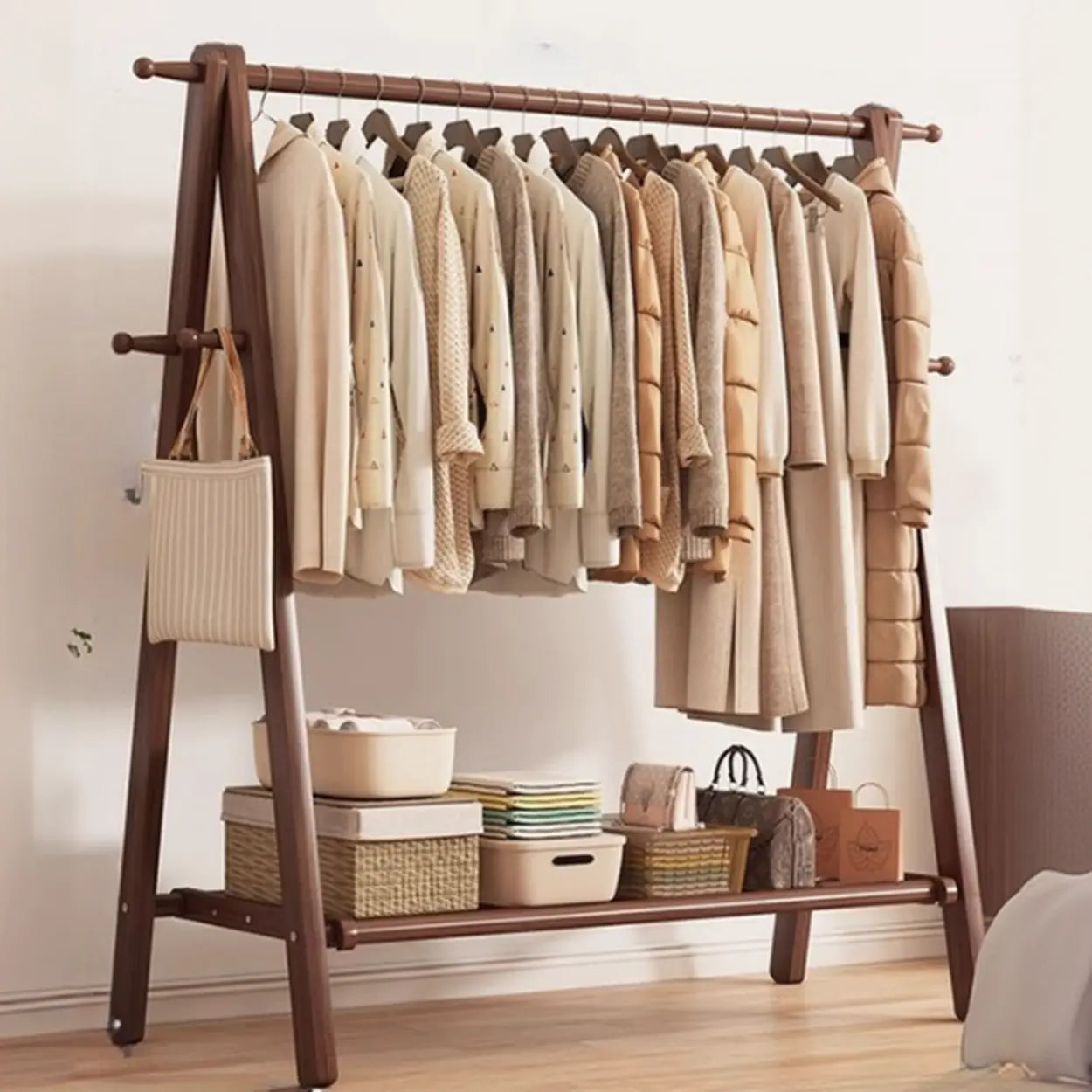 Coat Rack Beech Wood 150.0 cm Natural Hallway Bedroom Storage Stand Foldable A Frame Garment Organiser With Shelf Hooks | Thomler