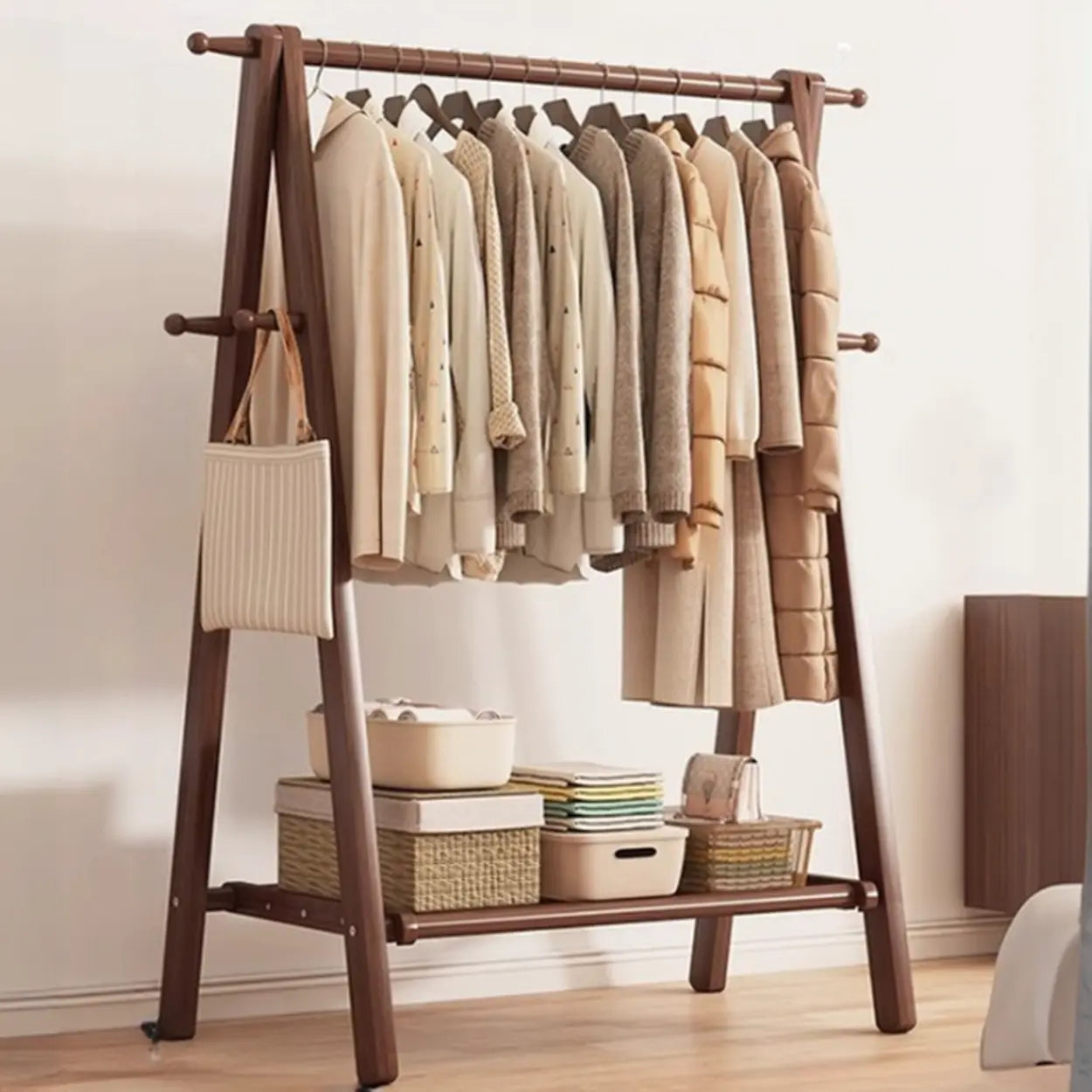 Coat Rack Beech Wood 150.0 cm Natural Hallway Bedroom Storage Stand Foldable A Frame Garment Organiser With Shelf Hooks | Thomler