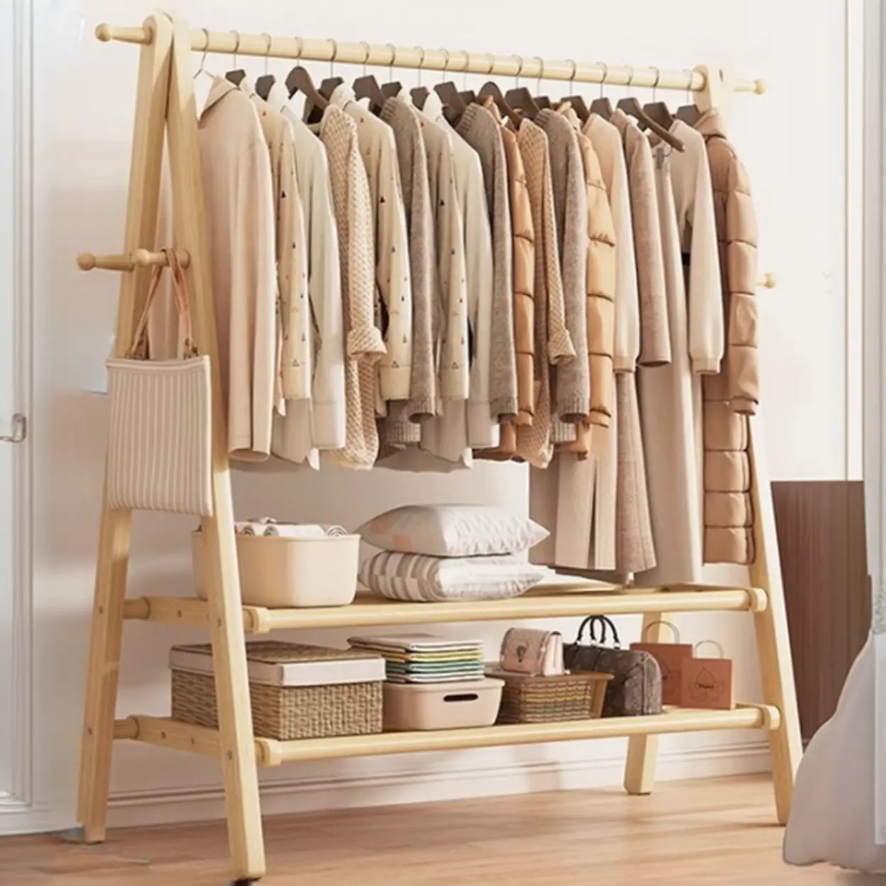Coat Rack Beech Wood 150.0 cm Natural Hallway Bedroom Storage Stand Foldable A Frame Garment Organiser With Shelf Hooks | Thomler