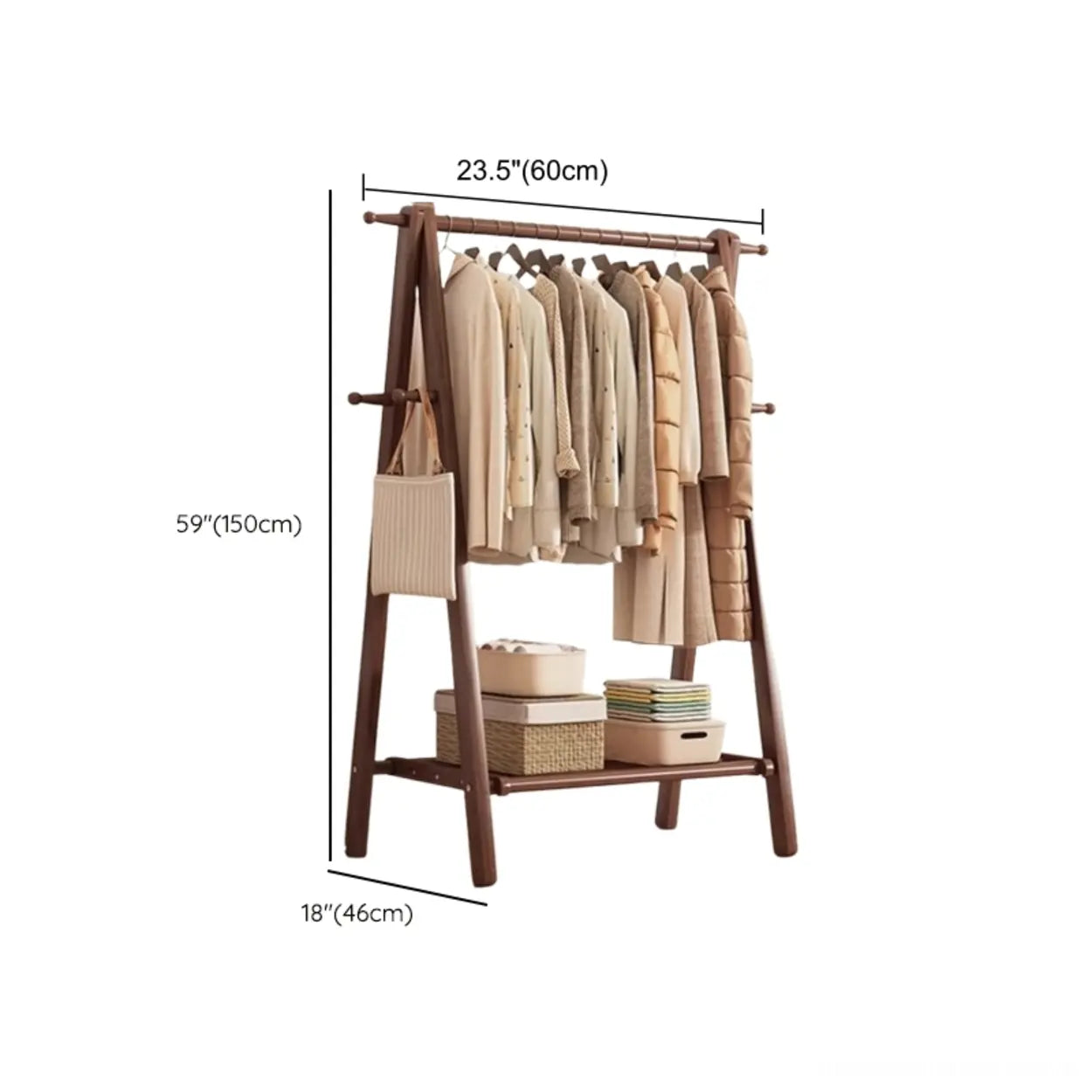Coat Rack Beech Wood 150.0 cm Natural Hallway Bedroom Storage Stand Foldable A Frame Garment Organiser With Shelf Hooks | Thomler