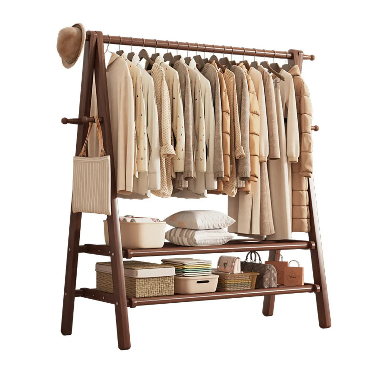 Coat Rack Beech Wood 150.0 cm Natural Hallway Bedroom Storage Stand Foldable A Frame Garment Organiser With Shelf Hooks | Thomler