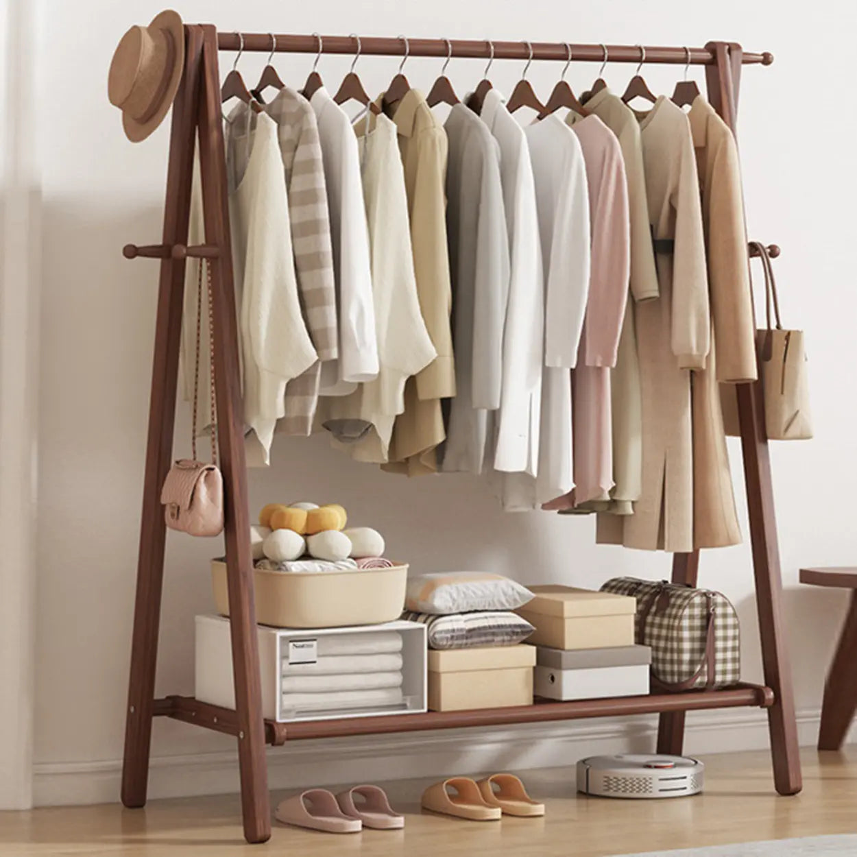 Coat Rack Beech Wood 150.0 cm Natural Hallway Bedroom Storage Stand Foldable A Frame Garment Organiser With Shelf Hooks | Thomler