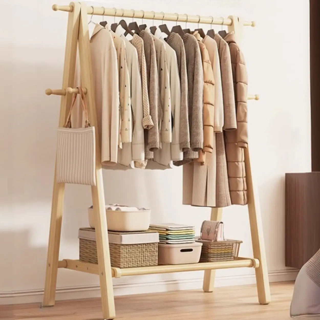 Coat Rack Beech Wood 150.0 cm Natural Hallway Bedroom Storage Stand Foldable A Frame Garment Organiser With Shelf Hooks | Thomler