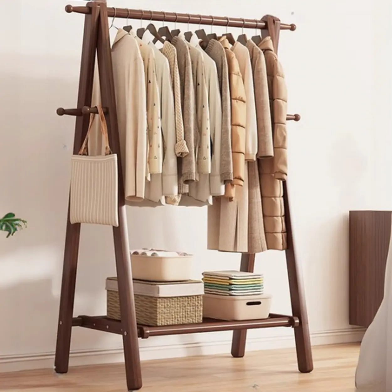 Coat Rack Beech Wood 150.0 cm Natural Hallway Bedroom Storage Stand Foldable A Frame Garment Organiser With Shelf Hooks | Thomler