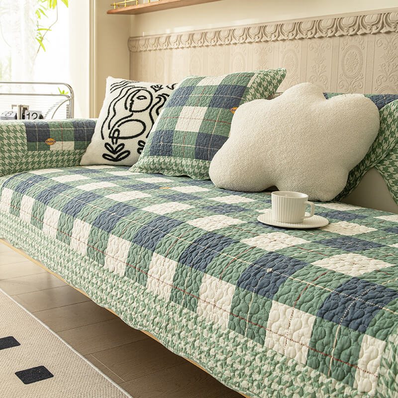 Plaid Cotton Furniture Protector Pad Set | Breathable Non-Slip Couch Cushion Cover for Sofa Seat Protection | Pet-Friendly Machine | Thomler