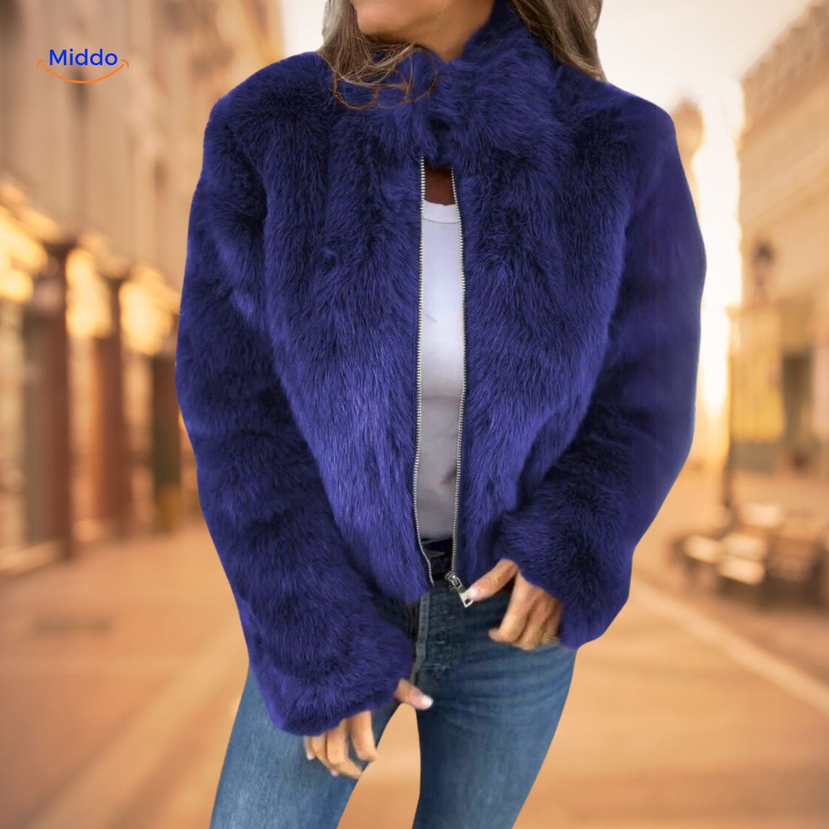 Women's Plush High-Neck Zip Coat – Soft Faux Fur Winter Jacket for Everyday & Dressy Looks | Thomler