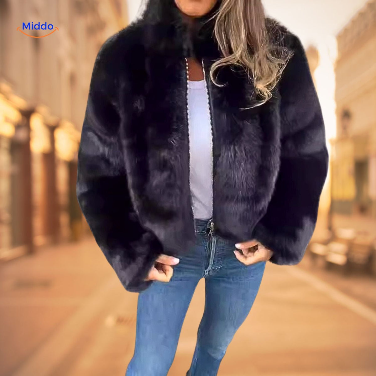 Women's Plush High-Neck Zip Coat – Soft Faux Fur Winter Jacket for Everyday & Dressy Looks | Thomler