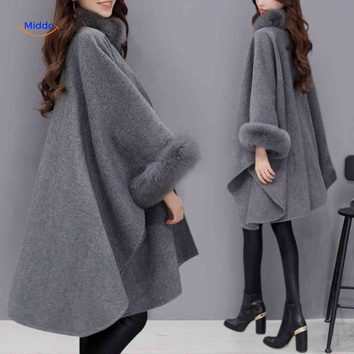 Women's Wool Cape Coat with Oversized Faux Fur Collar – A-Line Winter Wrap, 3/4 Sleeve, Plus Size Available | Thomler