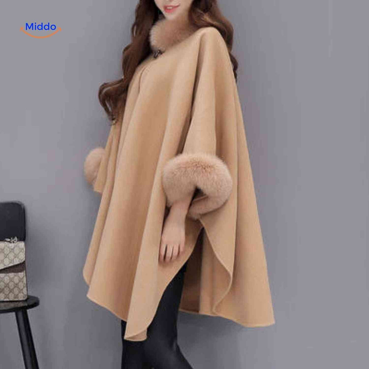 Women's Wool Cape Coat with Oversized Faux Fur Collar – A-Line Winter Wrap, 3/4 Sleeve, Plus Size Available | Thomler
