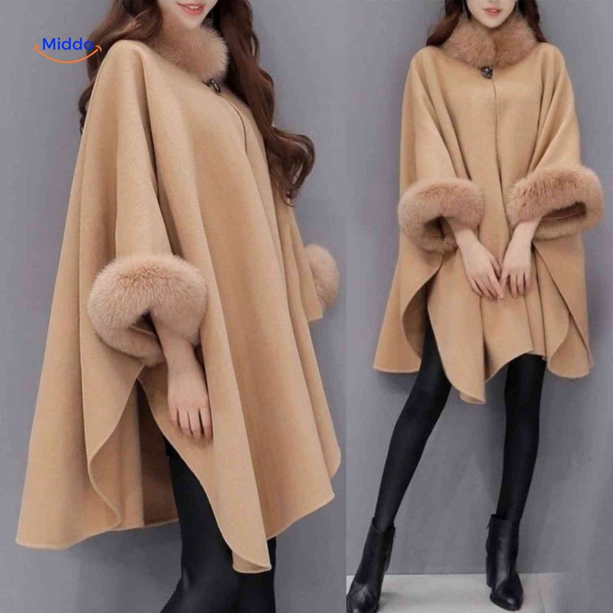 Women's Wool Cape Coat with Oversized Faux Fur Collar – A-Line Winter Wrap, 3/4 Sleeve, Plus Size Available | Thomler