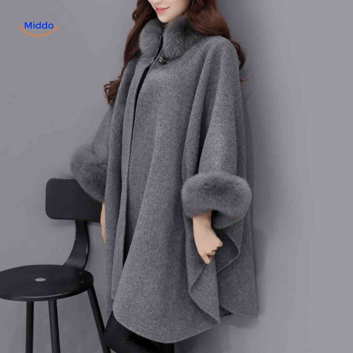 Women's Wool Cape Coat with Oversized Faux Fur Collar – A-Line Winter Wrap, 3/4 Sleeve, Plus Size Available | Thomler