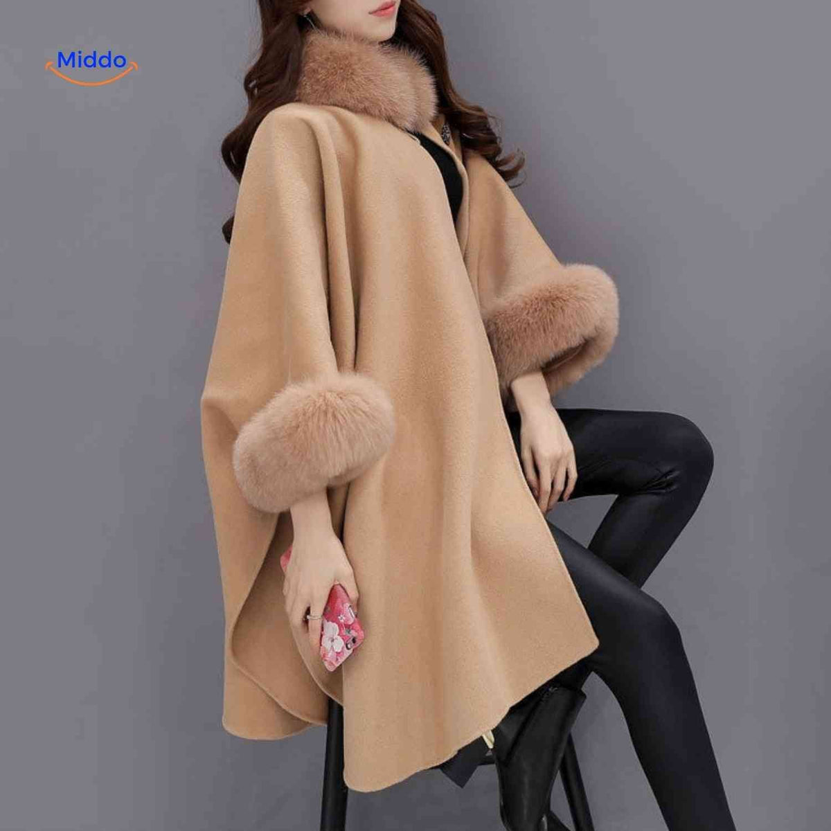 Women's Wool Cape Coat with Oversized Faux Fur Collar – A-Line Winter Wrap, 3/4 Sleeve, Plus Size Available | Thomler