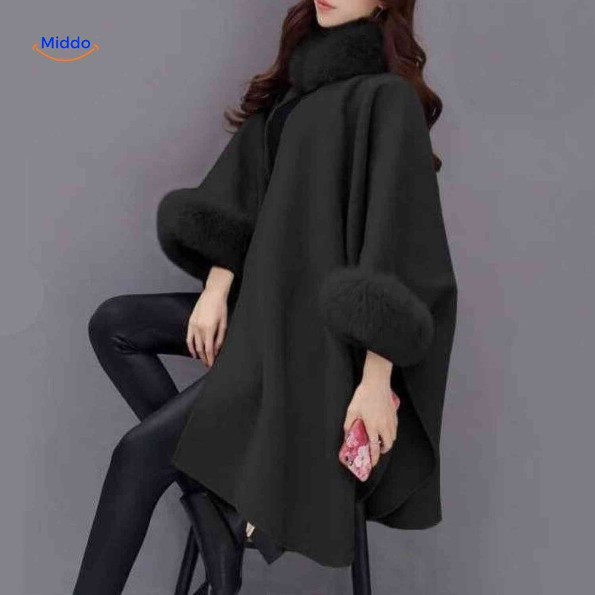 Women's Wool Cape Coat with Oversized Faux Fur Collar – A-Line Winter Wrap, 3/4 Sleeve, Plus Size Available | Thomler