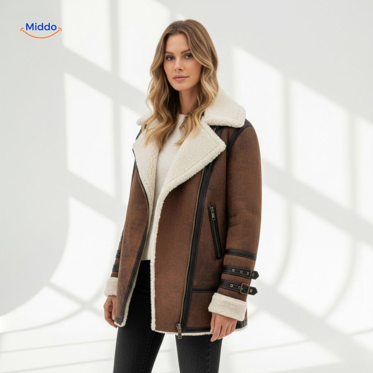 Women's Faux Suede Long Coat with Plush Faux Fur Lining – Windproof Full-Length Winter Jacket | Thomler