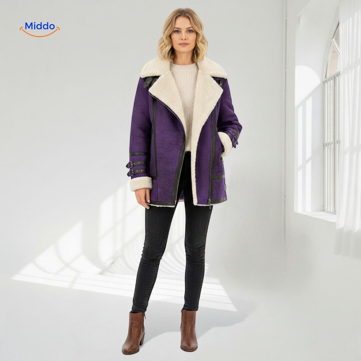 Women's Faux Suede Long Coat with Plush Faux Fur Lining – Windproof Full-Length Winter Jacket | Thomler