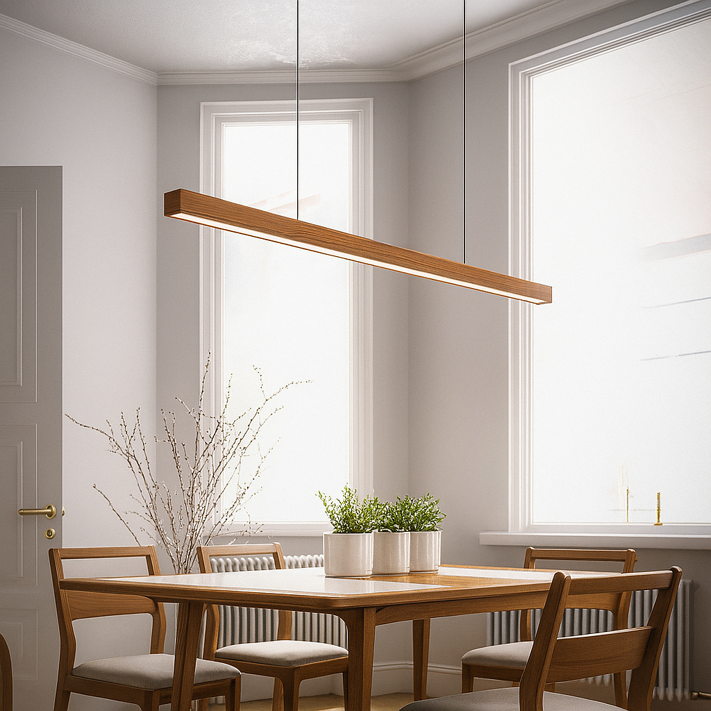 Linear Wood LED Pendant Light for Kitchen Island & Dining – Scandinavian Modern Hanging Fixture in Pine or Walnut | Thomler