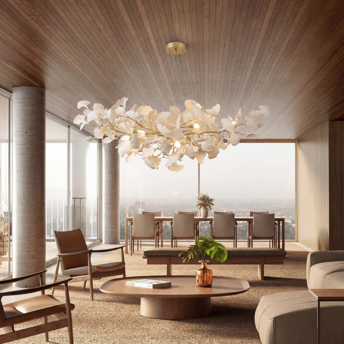Porcelain Leaf Chandelier Modern Nature-Inspired LED Ceiling Fixture for Dining Room & Kitchen Island Gold Nickel Finish Adjustable Height | Thomler