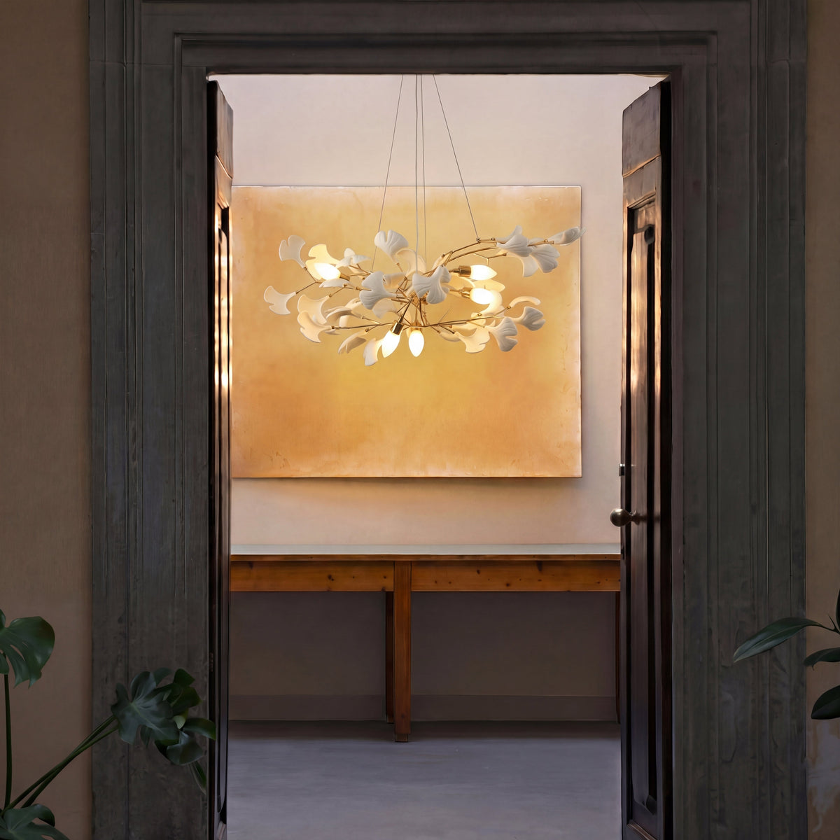 Porcelain Leaf Chandelier Modern Nature-Inspired LED Ceiling Fixture for Dining Room & Kitchen Island Gold Nickel Finish Adjustable Height | Thomler