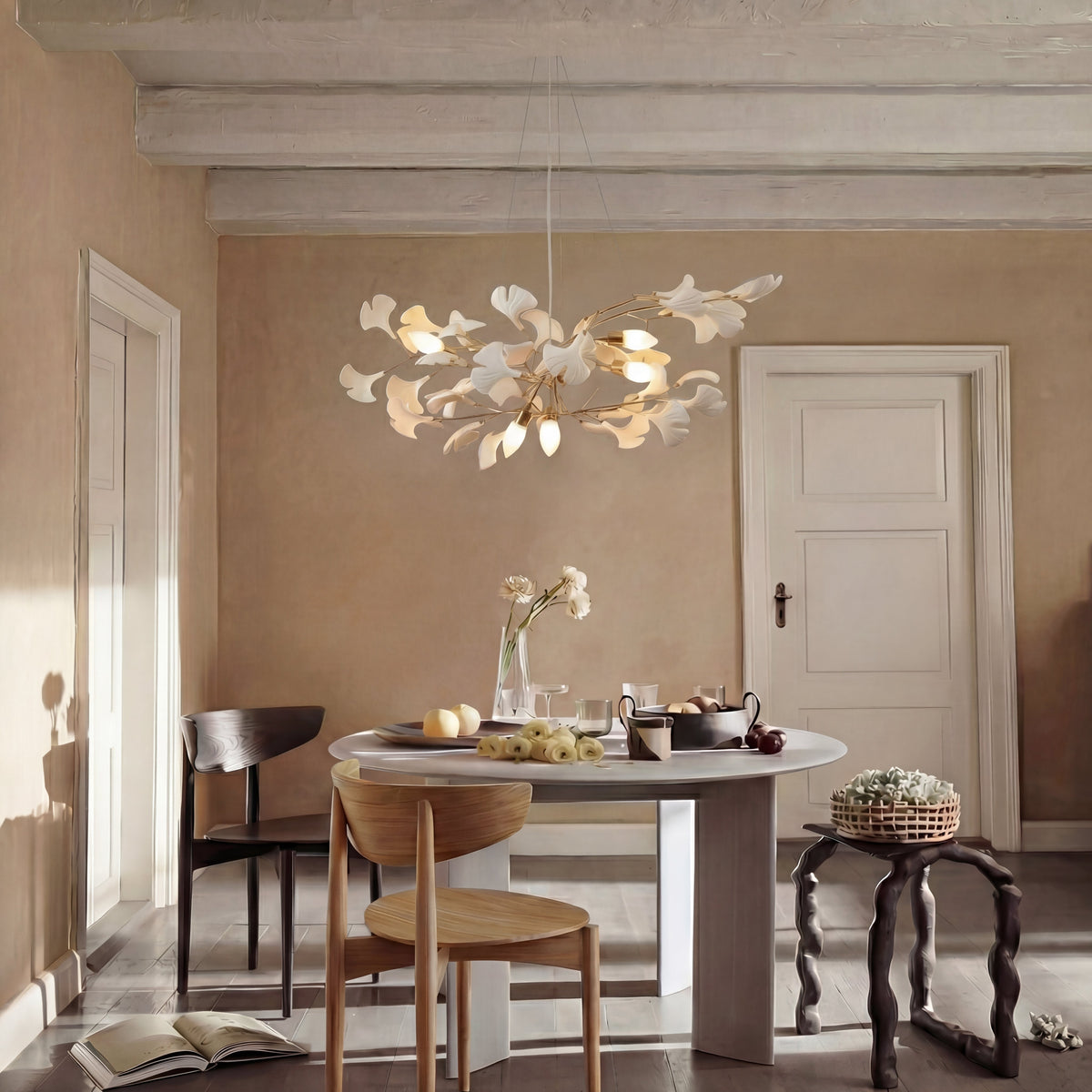 Porcelain Leaf Chandelier Modern Nature-Inspired LED Ceiling Fixture for Dining Room & Kitchen Island Gold Nickel Finish Adjustable Height | Thomler