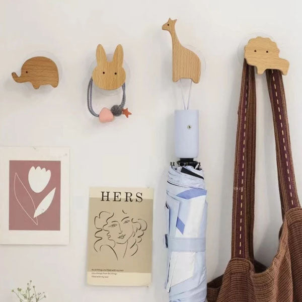 Wall Hooks Wooden Animal Self Adhesive Natural Kids Bedroom Nursery Coat Bag Holders Scandinavian Decor | Thomler