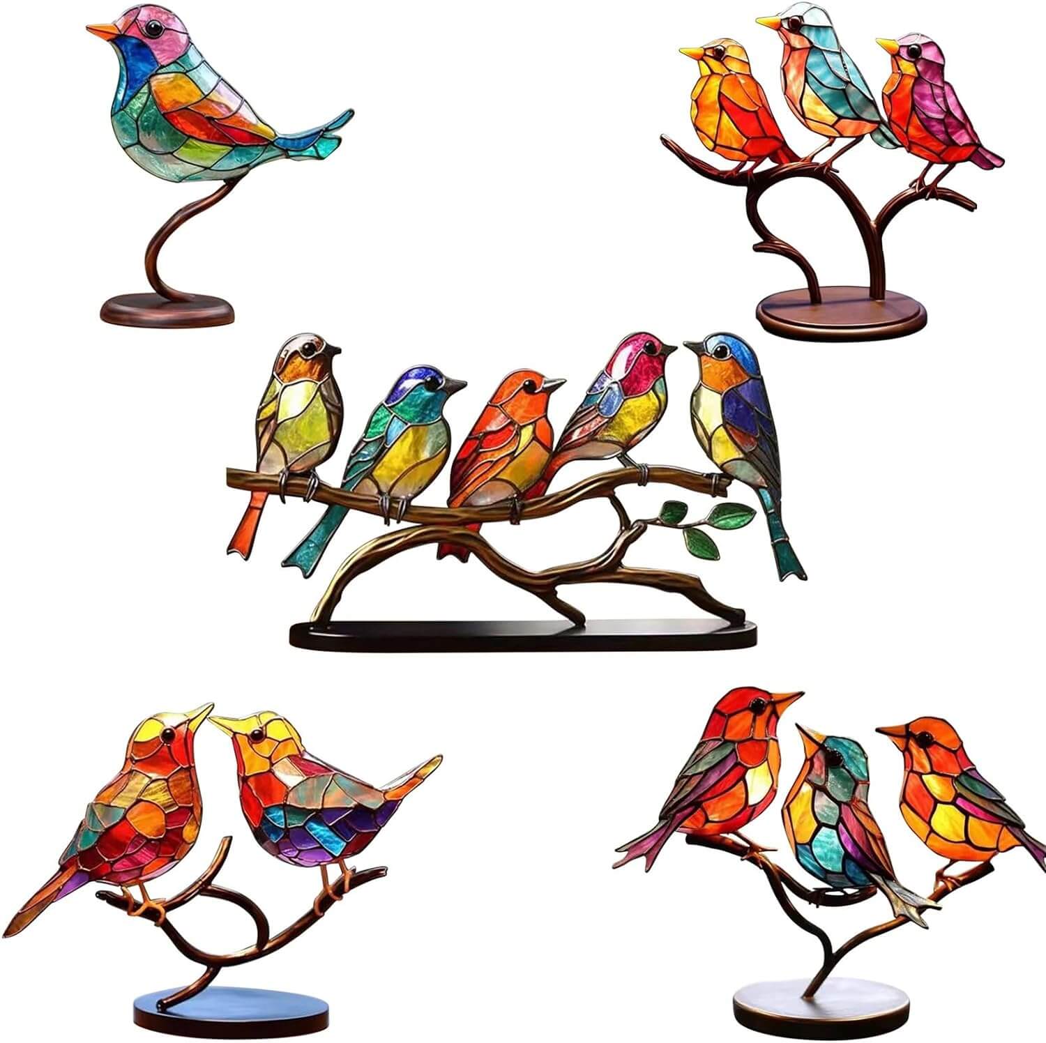 Glass Bird Figurines on Branch for Desk | Colorful Art Ornament Set | Office Decor Bird Sculptures | Home Accent Birds | Gift for Bird | Thomler