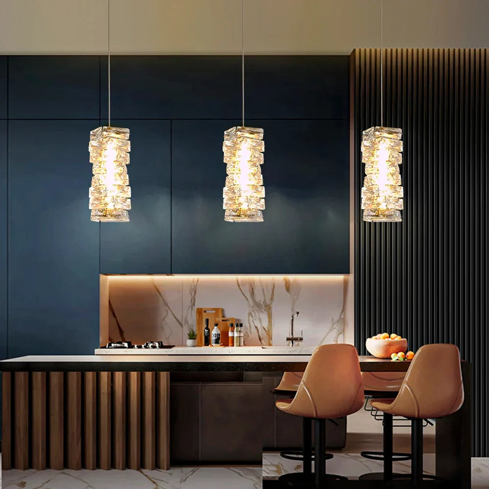Pendant Light Crystal Stacked Glass 9.8 in LED Kitchen Island Dining Room Hanging Ceiling Fixture Modern Contemporary | Thomler