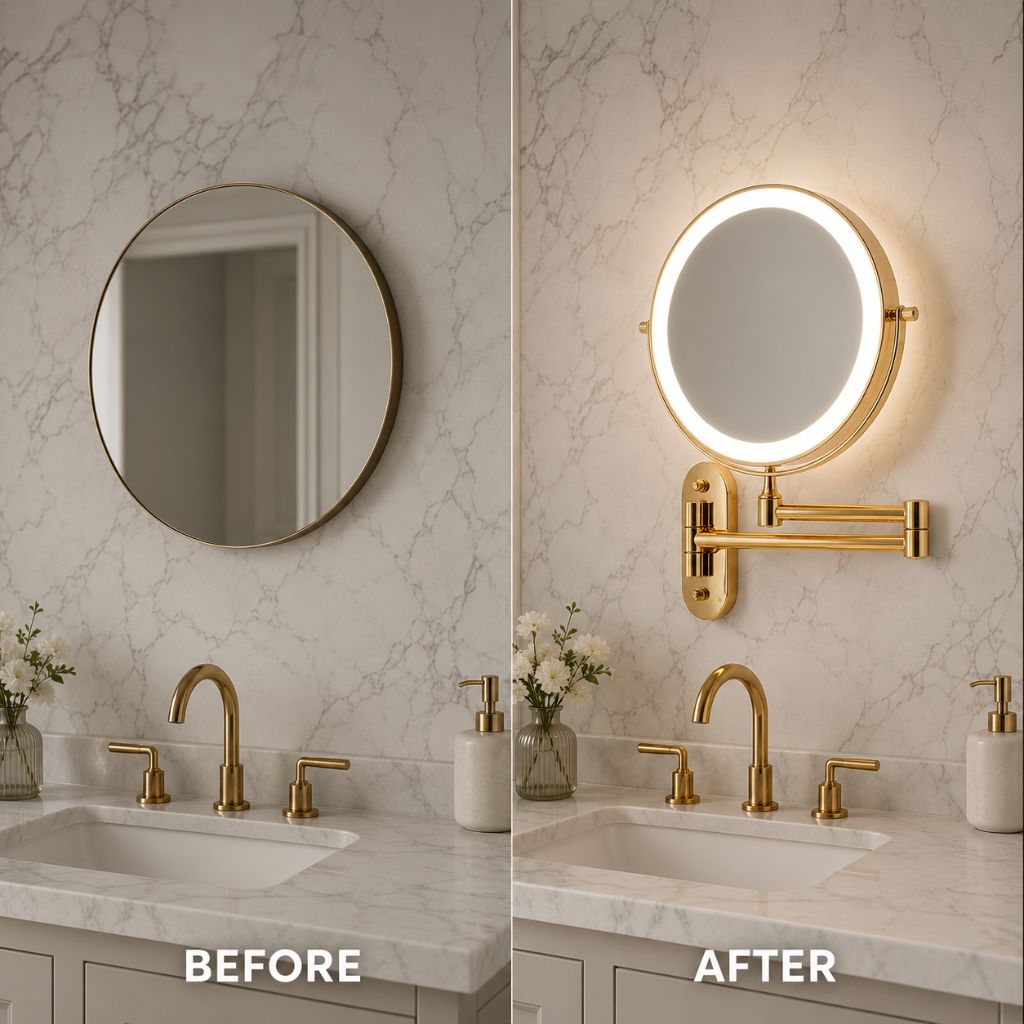 Wall-Mount Lighted Makeup Mirror Rechargeable Double-Sided Vanity Mirror 360° Swivel Adjustable Magnification Touch Control 3 Light Modes | Thomler