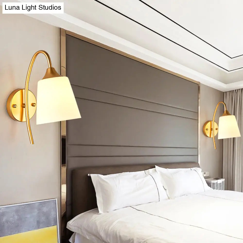 Curved Arm Wall Sconce with Tapered Glass Shade – Adjustable Brass Finish Fixture for Bedroom & Hallway | Thomler