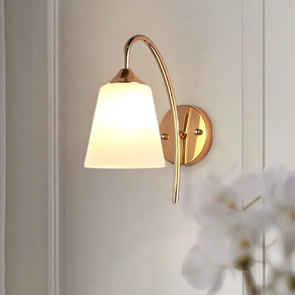 Curved Arm Wall Sconce with Tapered Glass Shade – Adjustable Brass Finish Fixture for Bedroom & Hallway | Thomler